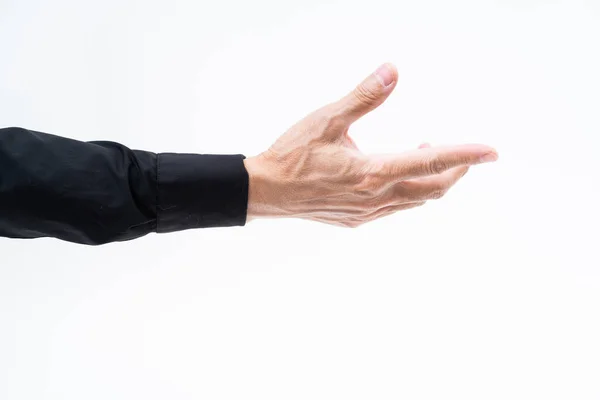 Aziatische man hand met zwarte shirt op witte achtergrond — Stockfoto