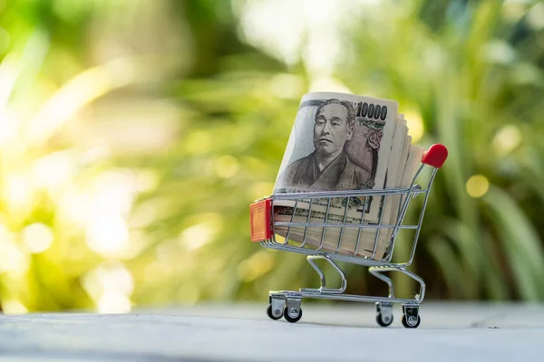 Model shopping cart with 10000 JYP Japanese yen banknote — Stock Photo, Image