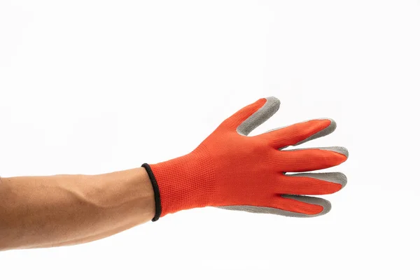 Mão de homem com luva antiderrapante vermelha — Fotografia de Stock
