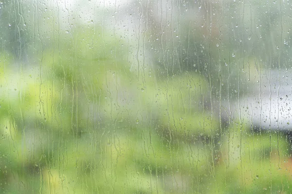 Regentropfen auf Fenster mit unscharfem grünen Baumhintergrund — Stockfoto