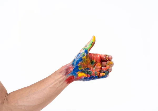 Mão de homem em colorido no fundo branco — Fotografia de Stock