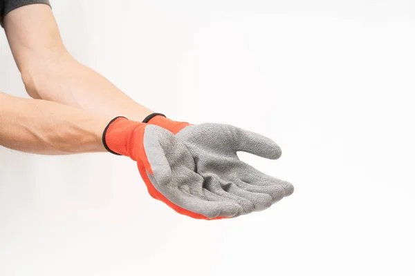 Man hand with red anti slip glove — Stock Photo, Image