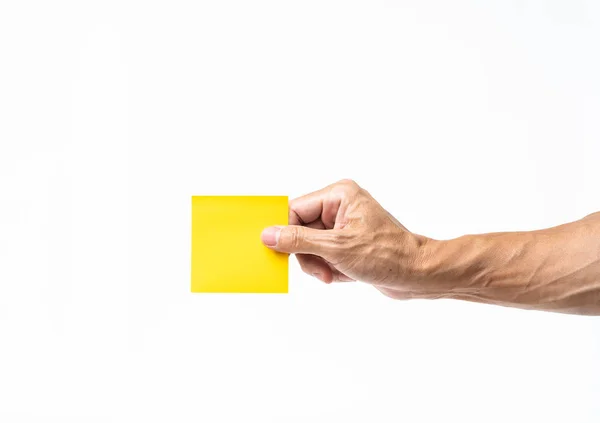 Uomo mano tenendo giallo post su sfondo bianco — Foto Stock