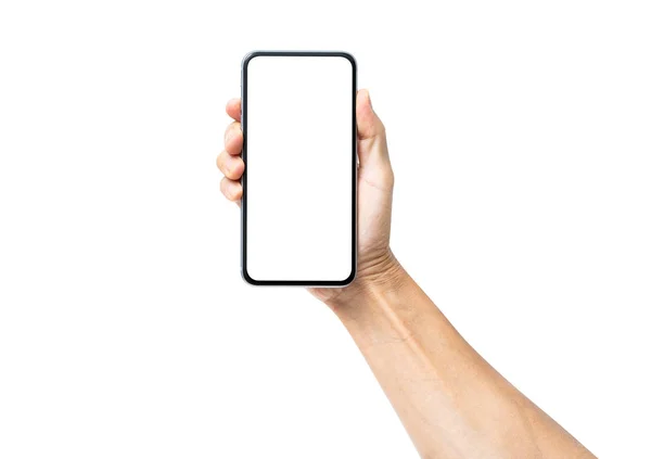 Beyaz arka planda izole edilmiş siyah akıllı telefon tutan adam el, 