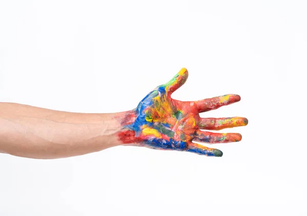 Man hand in kleurrijke op witte achtergrond — Stockfoto