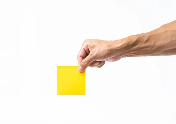 Uomo mano tenendo giallo post su sfondo bianco — Foto Stock