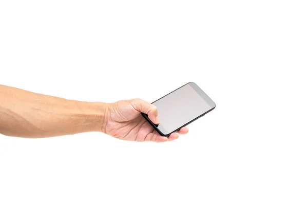 Hombre de mano sosteniendo la pantalla en blanco teléfono inteligente sobre fondo blanco. Cl — Foto de Stock
