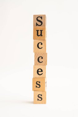 Beyaz arka plan üzerinde Ahşap blok başarı kelimesi. iş concep için