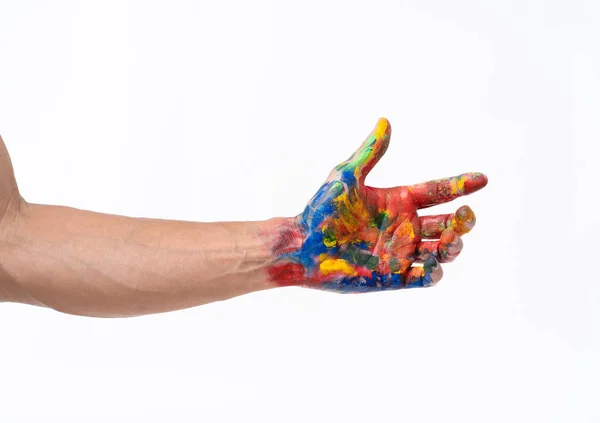 Man hand in kleurrijke op witte achtergrond — Stockfoto