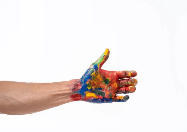 Man hand in kleurrijke op witte achtergrond — Stockfoto
