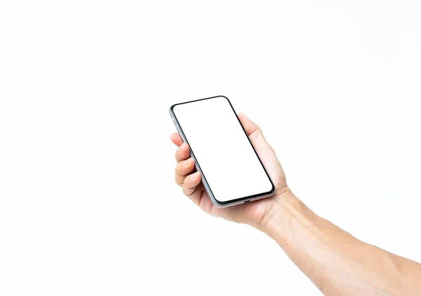 Hombre de mano sosteniendo teléfono inteligente negro aislado sobre fondo blanco , — Foto de Stock