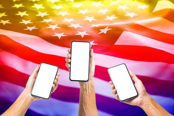 Close Hand Holding Blank White Screen Smartphone American Flag Background — Stock Photo, Image