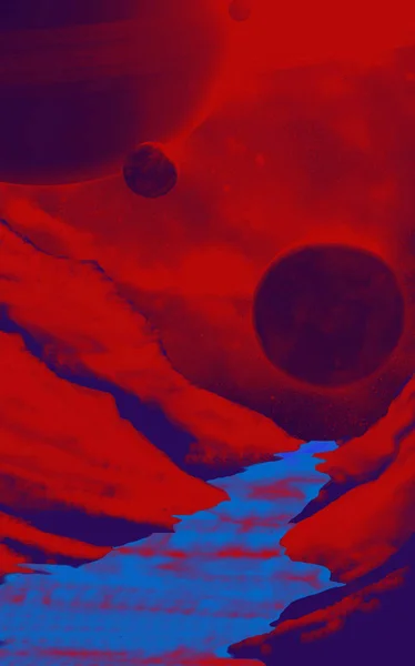 Paisaje alienígena rojo con montaña y planeta — Archivo Imágenes Vectoriales