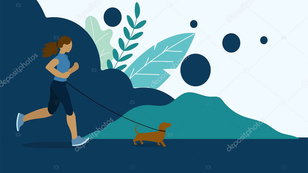 Running woman with dog on leaf background in flat. Vector background in eps 10.