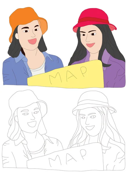twin asiam Woman use map concept travel doodle ar