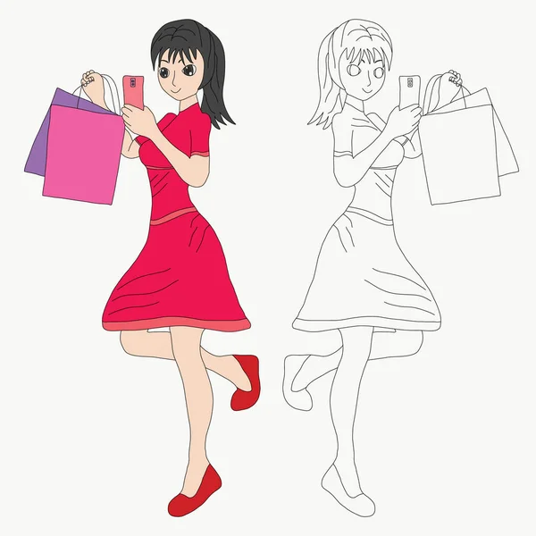 赤いドレスの女性はショッピングドアアートのための携帯電話を使用 — ストック写真