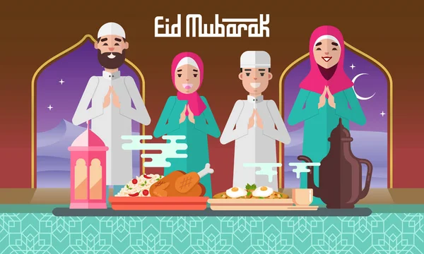 Tarjeta Felicitación Eid Mubarak Ilustración Vectorial Estilo Plano Con Fiestas — Vector de stock