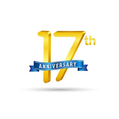 17 yıl yıldönümü logosu ile mavi kurdele beyaz arka plan üzerinde izole.