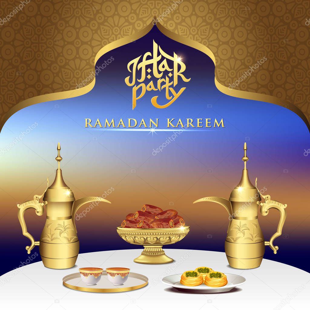 Iftar party celebration foods with teapot set and bowl of dates on dinner table. iftar party invitation card