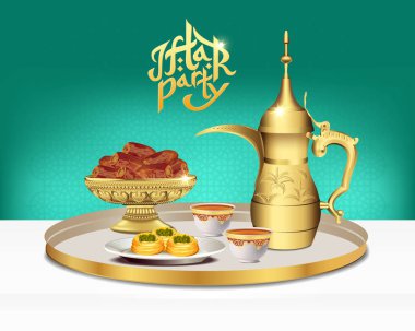 Kase tarihleri ile Arapça çay seti. Ramazan iftar parti gıda. 3D vektör çizim