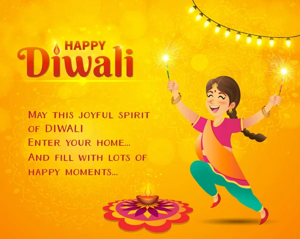 Appy Diwali Wenskaart Schattige Cartoon Indiase Meisje Traditionele Kleding Springen — Stockvector
