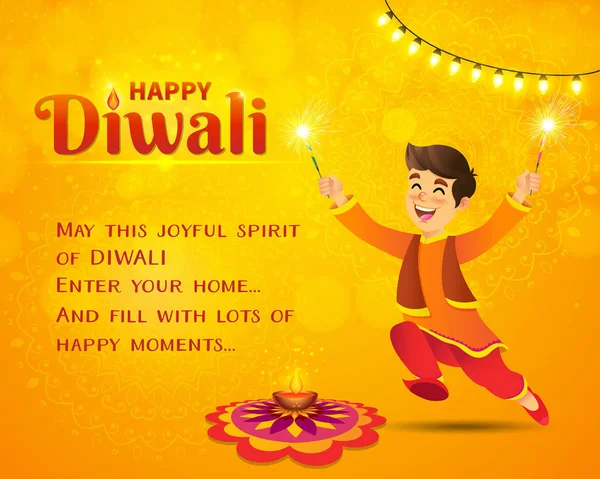 Gelukkige Diwali Wenskaart Schattige Cartoon Indiase Jongen Traditionele Kleding Springen — Stockvector