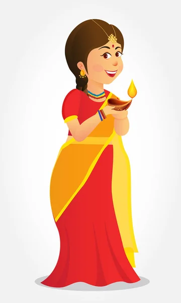 Linda Chica India Cartón Sosteniendo Diya Lámpara Aceite India Deseando — Vector de stock