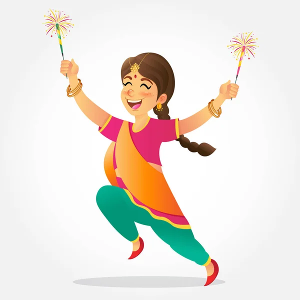 Cute Cartoon Indian Girl Traditional Clothes Jumping Playing Firecracker Celebrating — Stock Vector