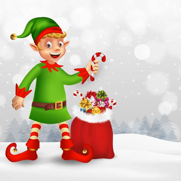 Niedliche Cartoon Weihnachtselfe Mit Zuckerrohr Und Tasche Mit Geschenken Weihnachtsschnee — Stockvektor