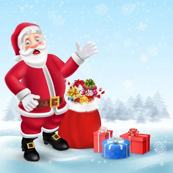 Linda Caricatura Santa Claus Bolsa Con Regalos Escena Nieve Navidad — Vector de stock