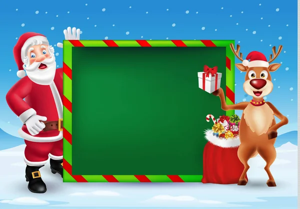 Desenhos Animados Bonitos Papai Noel Renas Mostrando Grande Placa Verde — Vetor de Stock