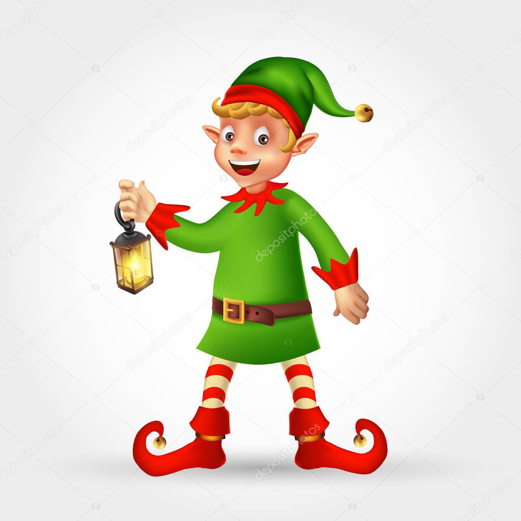 Cute cartoon christmas elf holding Christmas lantern isolated on white background