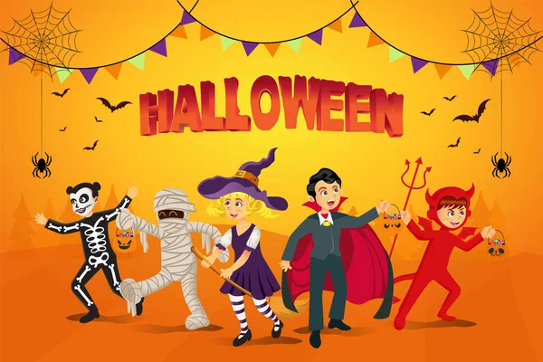 Buon Sfondo Halloween Bambini Vestiti Costume Halloween Andare Dolcetto Trattamento — Vettoriale Stock