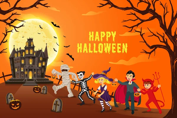 Feliz Telón Fondo Halloween Niños Vestidos Disfraces Alucinantes Para Trick — Archivo Imágenes Vectoriales