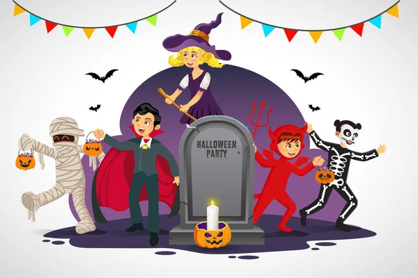 Niños Felices Cartoon Vestidos Halloween Con Piedras Antiguas Aisladas Sobre — Archivo Imágenes Vectoriales