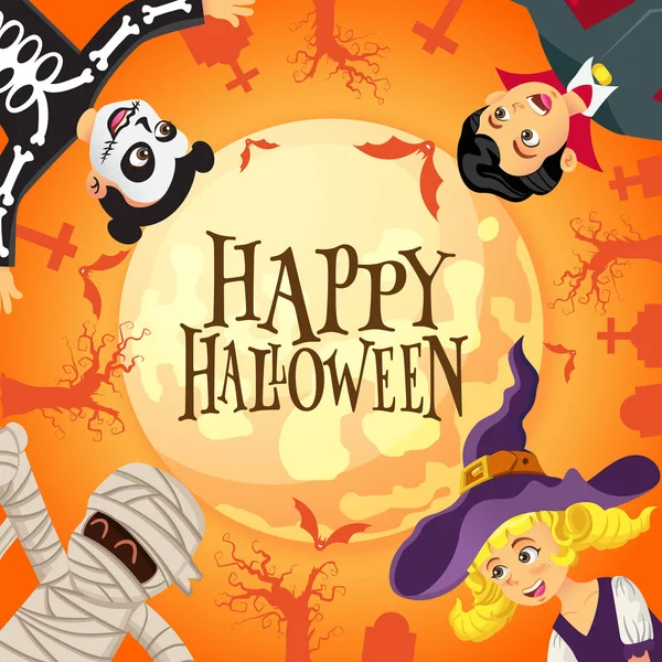 Happy Halloween Background Children Dressed Halloween Costume Graveyard Full Moon — Vector de stock