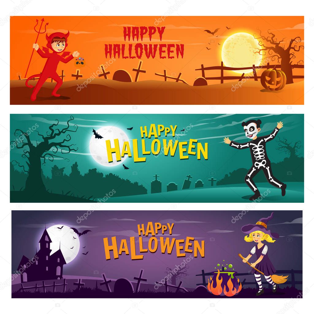 set of three horizontal halloween banner with text and cartoon character kids in halloween costume.