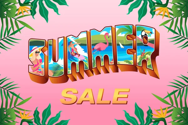 Summer Sale Banner Vintage Summer Holiday Postcard Style Tropical Leaves — Stock Vector