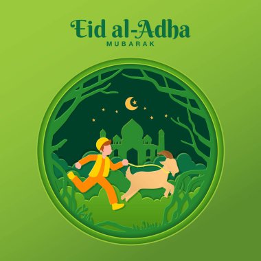 Kurban bayramı tebrik kartı konsepti. Müslüman çocukla kağıt kesim stili illüstrasyon. Kurban için keçi getirin.