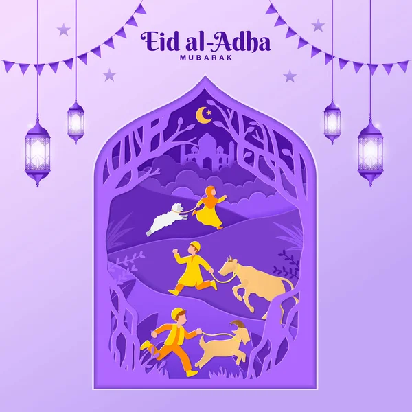 아이들 제물로 가져오는 스타일의 Eid Adha 인사말 — 스톡 벡터