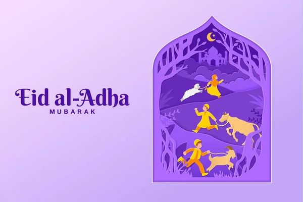 아이들 제물로 가져오는 스타일의 Eid Adha 인사말 — 스톡 벡터