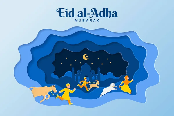 Ilustración Del Concepto Tarjeta Felicitación Eid Adha Estilo Corte Papel — Vector de stock