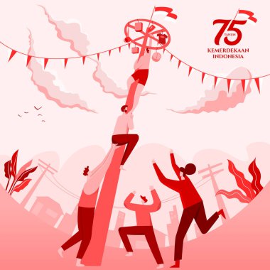 Indonesia independence day greeting card with traditional games concept illustration. 75 tahun kemerdekaan indonesia translates to 75 years Indonesia independence day clipart