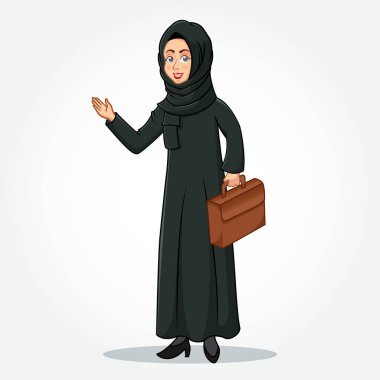 Arap iş kadını karikatür karakteri geleneksel giysiler içinde Hoş Gelen Eller beyaz arka planda izole edilmiş bir evrak çantası taşıyor