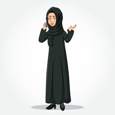 Arap iş kadını çizgi film karakteri geleneksel giysiler içinde akıllı telefondan konuşan ve beyaz arka planda izole edilmiş el hareketi yapan.