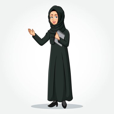 Arap iş kadını çizgi film karakteri geleneksel giysiler içinde, beyaz arka planda izole edilmiş elleri olan bir pano tutuyor.