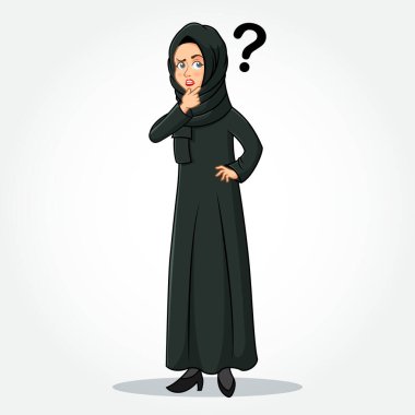 Arap iş kadını karikatür karakteri geleneksel giysiler içinde soru işareti ikonu beyaz arka grubunda izole edilmiş