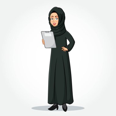 Arap iş kadını çizgi film karakteri geleneksel giysiler içinde beyaz arka planda izole edilmiş bir pano tutuyor