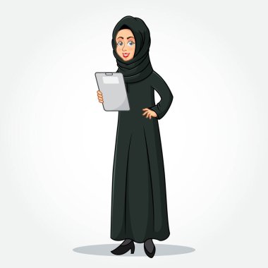 Arabic Businesswoman cartoon Character in traditional clothes holding a  clipboard isolated on white background clipart