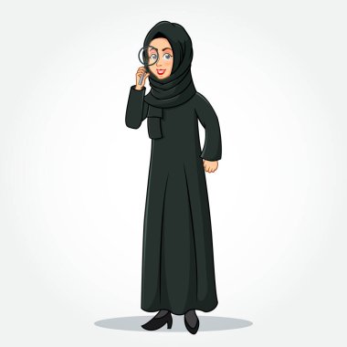 Arap iş kadını karikatür karakteri geleneksel giysiler içinde beyaz arka grupta izole edilmiş bir büyüteç tutuyor.